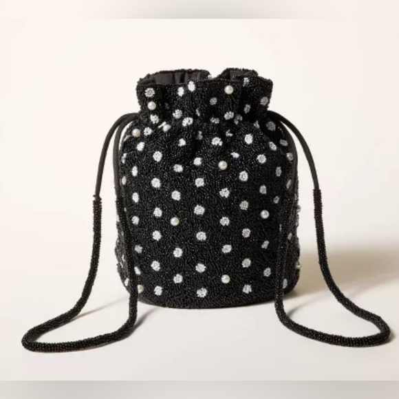 Kate Spade New York x Beaded Polka Dot Drawstring Bucket Bag Black & White - Picture 1 of 6